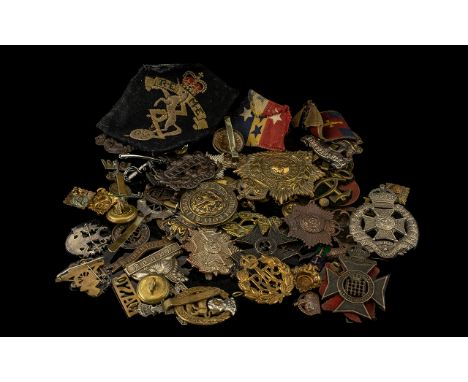 Military Interest - Quantity of British Hat Badges, Helmet Plates, Cloth Badges &amp; Buttons.  Includes Royal Marines Helmet