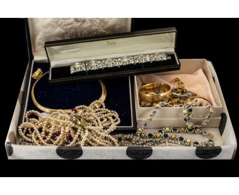 Collection of 1920's - 1960's Costume Jewellery - including a white diamante panelled bracelet, set in white metal, a multi r