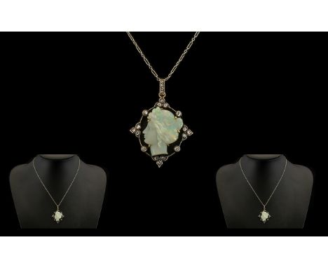 Antique Period 19th Century Stunning Quality Platinum Set Diamond and Carved Opal Pendant with Attached Platinum Chain. The C