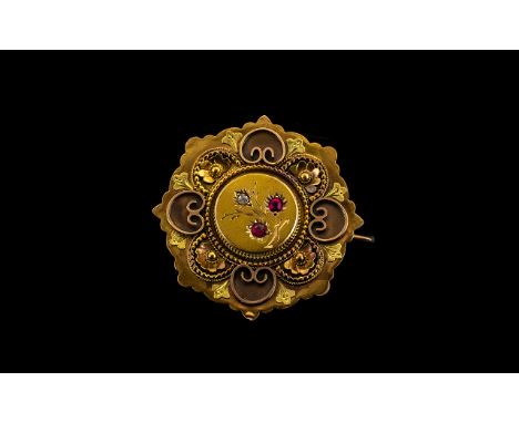 Victorian Period Attractive Octagonal Shaped 9ct Two Tone Gold Ruby and Diamond Set - Sweetheart Brooch, With Applied Floral 