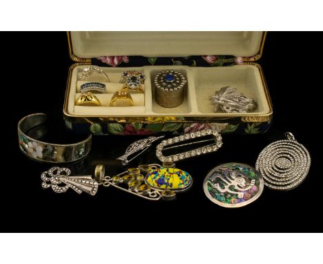 A Small Mixed Lot of Costume Jewellery to include paste set rings, pill box, Abalone set bangle and brooch, pendants etc Plea