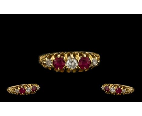 18ct Gold - Attractive Ruby and Diamond Set Dress Ring, Gallery Setting, The Rubies and Diamonds of Excellent Colour. Marked 