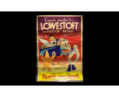 Vintage 1950s Travel Poster advertising Express Coaches to Lowestoft travel by North Western.  Colourful poster of coach and 