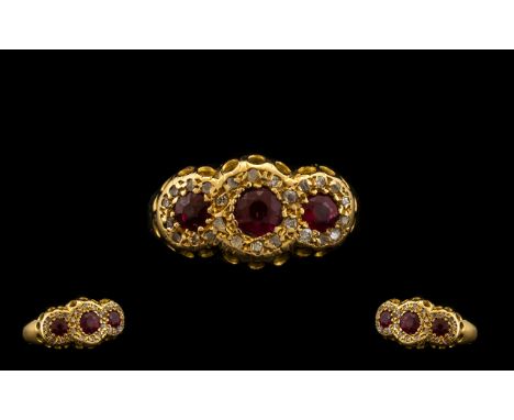 Antique Period - Attractive 18ct Gold Ruby and Diamond Dress Ring. Hallmarked for Birmingham 1915. The Rubies of Excellent Ri