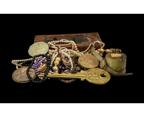 A Box Containing a Quantity of Costume Jewellery  to include buttons, odd coins, assorted Vintage brooches, a brass key marke