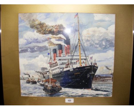 ARTHUR EDWIN COZENS (1880-1947) - 37cm x 42cm watercolour - portrait of the liner "Berengaria" steaming into port - signed