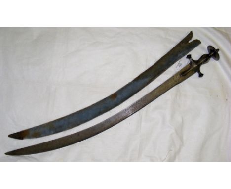 A Tulwar with 77cm etched curved blade and velour covered scabbard