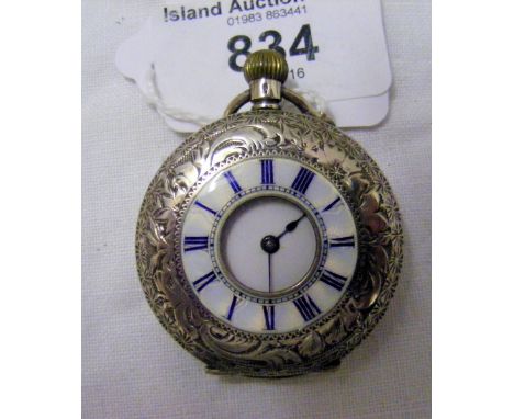 A 935 marked continental silver half-hunter stem-wind pocket watch with lever movement and enamel outer chapter ring