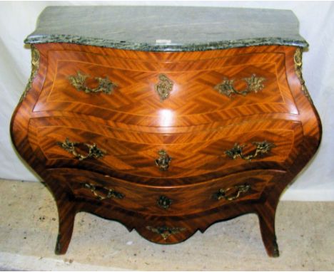 Continental kingwood bombe three drawer commode with shaped variegated marble top - 40cm