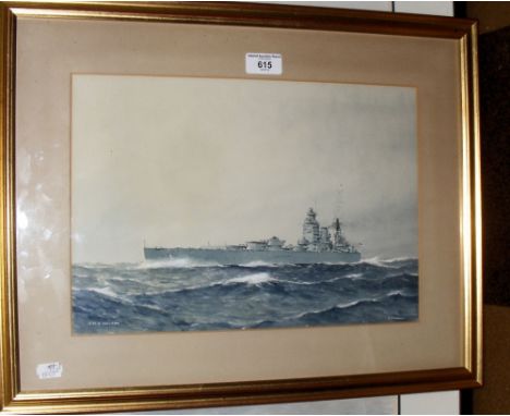 ERIC ERSKINE CAMPBELL TUFNELL (1888-1978) - 25cm x 36cm watercolour portrait of  HMS "Nelson" in rough seas - signed and insc