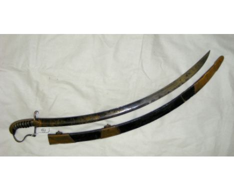 A Georgian naval midshipman's sword/cutlass with gilt decorated blued blade and complete with brass bound leather scabbard by