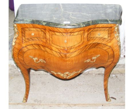 Continental walnut bombe commode with three short and one long drawer with shaped variegated marble top - 81cm