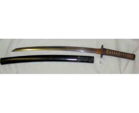 A Japanese Samurai short sword with 51cm single edge blade and wooden scabbard