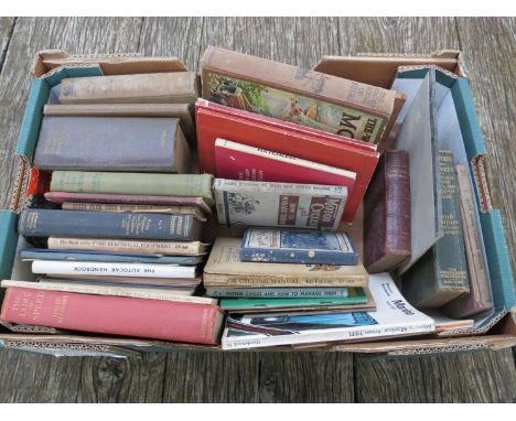 A box of books including Newnes "Automobile Engineers Reference Book", "The Happy Motorist", "The Wonder Book of Motors" and 