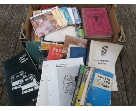 A box of mixed books and magazines including Petter engines manual and Austin etc