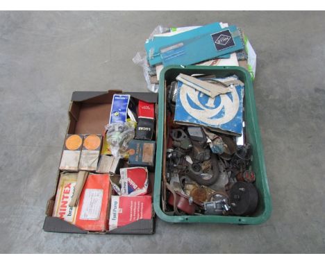 Two boxes of mixed spares including fuel pumps, Jaguar door rubbers and gaskets etc