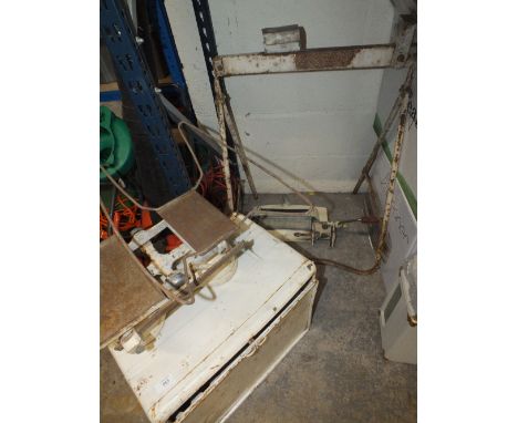 A VINTAGE ACME MANGLE WITH STAND, A VINTAGE FOOD SAFE AND A VINTAGE SET OF SCALES