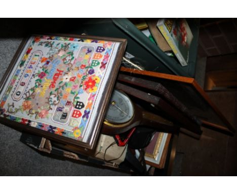 A TRAY OF ASSORTED SUNDRIES TO INCLUDE A SAMPLER, BAROMETER ETC
