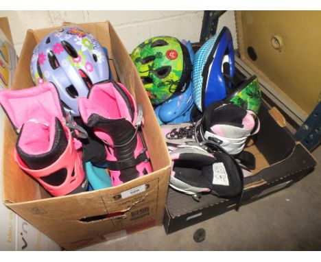 TWO BOXES OF CHILDRENS ROLLER BLADES, HELMETS ETC PLUS A WET SUIT