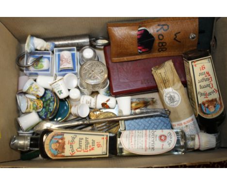 A BOX OF COLLECTABLES TO INC SILVER HANDLED BUTTON HOOD, THIMBLES ETC