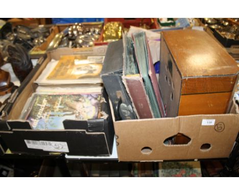 A BOX OF ASSORTED RECORDS  TO INCLUDE A RUSSIAN LANGUAGE COURSE AND A TRAY OF SHEET MUSIC AND AN ART DECO SPEAKER