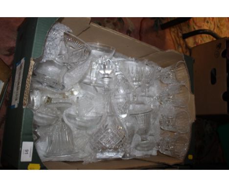 A TRAY OF CUT GLASS TO INCLUDE A DECANTER 