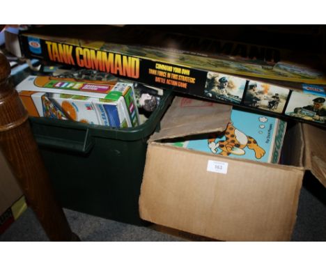TWO BOXED OF VINTAGE BOARD GAMES, ACTION FIGURES ETC TO INCLUDE TANK COMMAND 