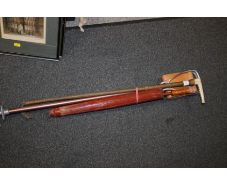 A VINTAGE BONE HANDLED RIDING CROP TOGETHER WITH A SHOOTING STICK AND A PARASOL (3)