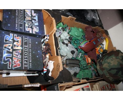 TWO BOXES OF ASSORTED VINTAGE STAR WARS FIGURES, STAR WARS COMMEMORATIVE TINS AND MILITARY FIGURES