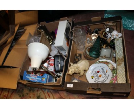 TWO TRAYS OF SUNDRIES TO INCLUDE CUT GLASS, VINTAGE CAMERA ETC TOGETHER WITH A BOX OF CD'S AND DVD'S