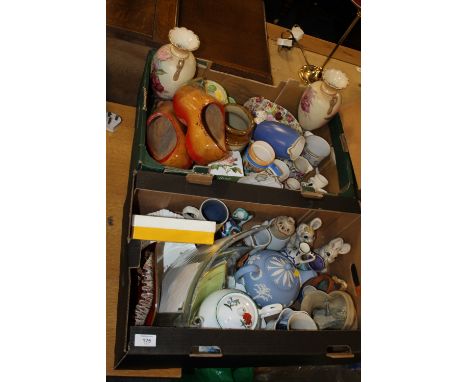 TWO TRAYS OF CHINA AND CERAMICS TO INCLUDE A WEDGWOOD JASPERWARE TEAPOT TOGETHER WITH A ROYAL STAFFORD TEA SET ON STAND 