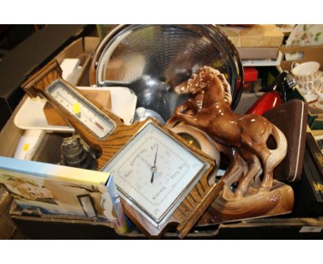A TRAY OF VINTAGE COLLECTABLES AND SUNDRIES TO INCLUDE A FOUR PIECE TEA SERVICE, BAROMETER,  CASED SPOONS ETC.