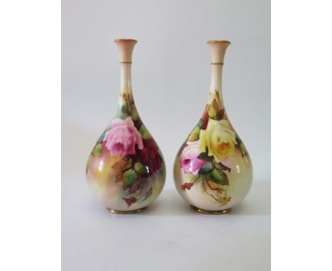 A Pair of Royal Worcester Pinch Neck Vases with rose decoration, 22 cm