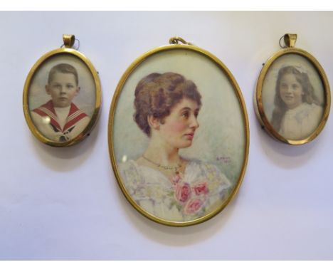 A Miniature Portrait of a Lady signed K. Mann 1918 (9.5 x 7 cm), photographic print verso and two others