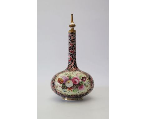 A Chamberlains Worcester Pinch Necked Vase with cover, the royal blue, coral and gilt ground decorated with a floral reserve 