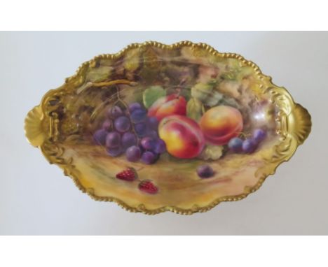 A Royal Worcester Fruit Decorated Shaped Oval Compote signed T. Lockyer, 31.5 cm. Professionally restored