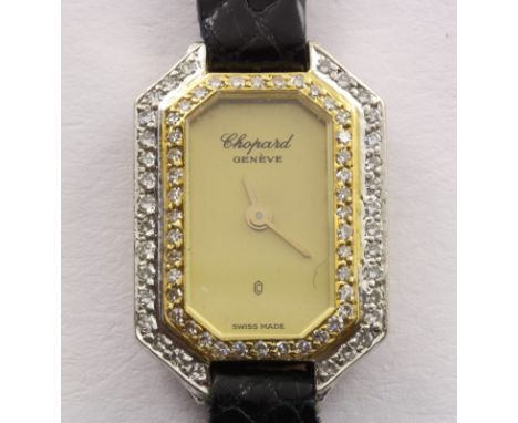 ARMBANDUHR, 750/ooo Gelbgold, CHOPARD, Größe des Gehäuses 2,0 x 1,3, Brillantbesatz, Lederarmband, neue Batterie 11/2023, Ste
