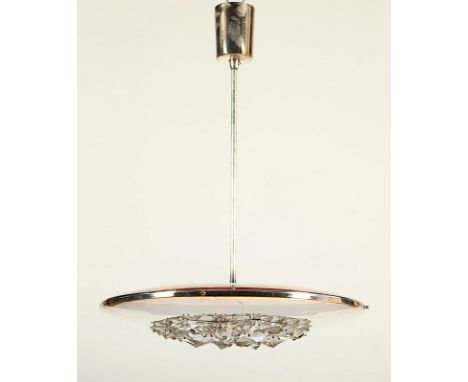 VINTAGE-DECKENLAMPE, sechsflammig, Metall, verchromt, Glasbehang, H 60, Dm 47, deutsch, um 1970 