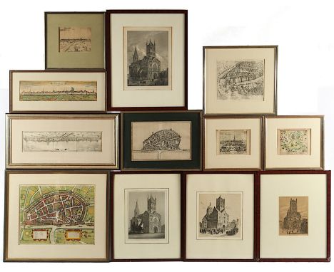 12 ANSICHTEN VON NEUSS, meist Kupferstiche, auch Lithos., ein Plan aus der Vogelschau nach Braun &amp; Hogenberg, teils kolor