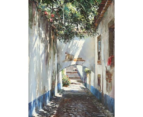 MOREIRA AGUIAR, Fernando (*1947), "Ansicht aus Obidos in Portugal", Öl/Lwd., 40 x 30, unten rechts signiert, R. 