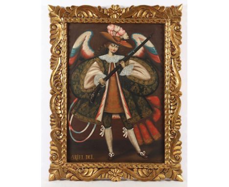 SCHULE VON CUSCO 19.JH., "Engel mit Gewehr", Öl/Lwd., 70 x 50, R. 