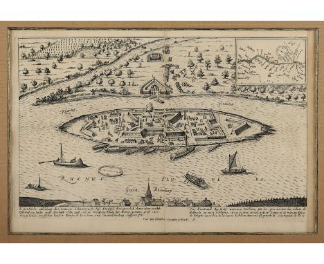 SCHANZE "PFAFFENMÜTZE" AUF DER RHEININSEL "KEMPER WERTH", mit Siegmündung, Bergheim, Kupferstich, 19,5 x 31,5, wohl aus Meria