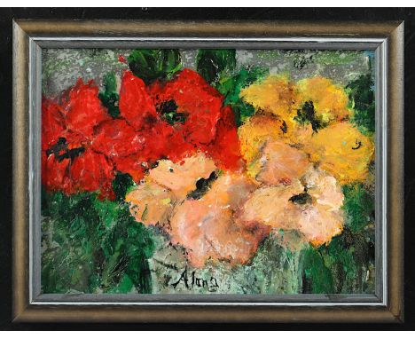 ALANA, "Blumen in einer Vase", Acryl/Holz, 20 x 25, signiert, R. 