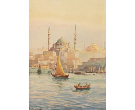 KOSJAKOFF, A. (A.20.Jh.), "Blick auf die Hagia Sophia in Istanbul", Aquarell/Papier, 40 x 27 (Passepartoutausschnitt), flecki