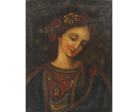 SAKRALMALER DES 18.JH., wohl Spanien, "Madonna mit Blumenkranz", Öl/Lwd., 53 x 42, R. 