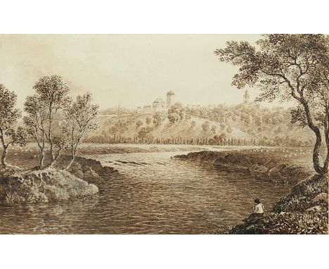 ZEICHNER DES 19.JH., "Flusslandschaft mit Burg und Angler", Aquarell/Papier, 13 x 20,5, R. 