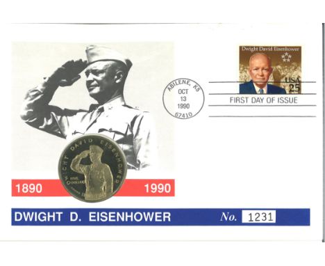 Dwight Eisenhower official coin FDC PNC. Cover contains a Dwight David Eisenhower $5 commemorative coin featuring a commandin