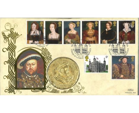 King Henry VIII official Benham Specialist Coin Cover PMC. Contains a replica medal struck in 1545 to commemorate Henry VIII 