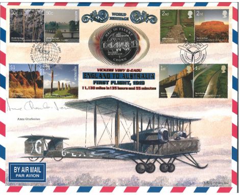 Anne Charleston signed England to Australia First Flight 1999 coin FDC PNC. Contains an Isle of Man legal tender, cupro-nicke