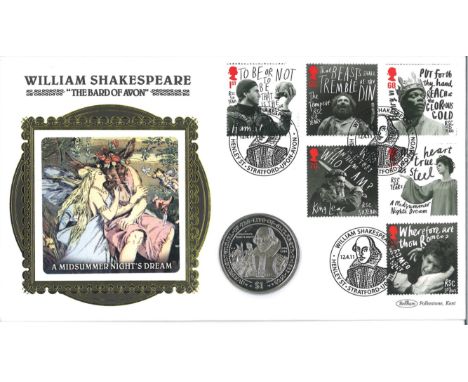 William Shakespeare official Benham Specialist Coin cover. Contains a 2003 British Virgin Islands dollar which features a por